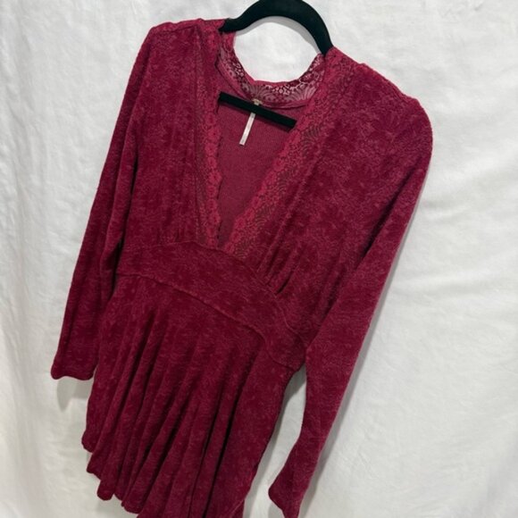 Free People Boho Lace Trim Deep V Fit & Flare Dress Velvet Burnout Pockets Fall - Picture 2 of 16